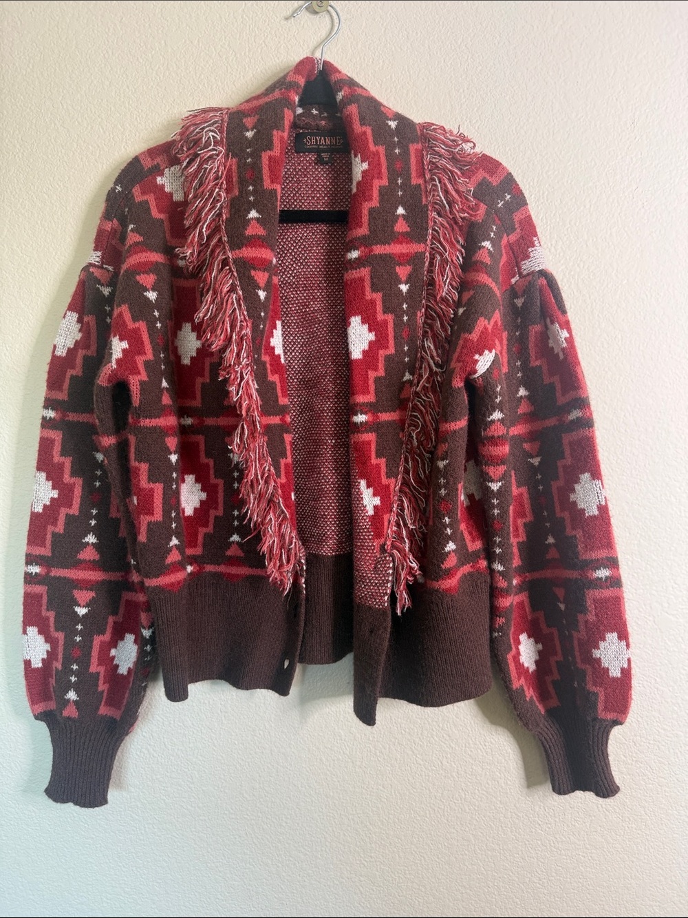 Shyanne Red, Brown & White Aztec Fringe Open-Front Cardigan size medium